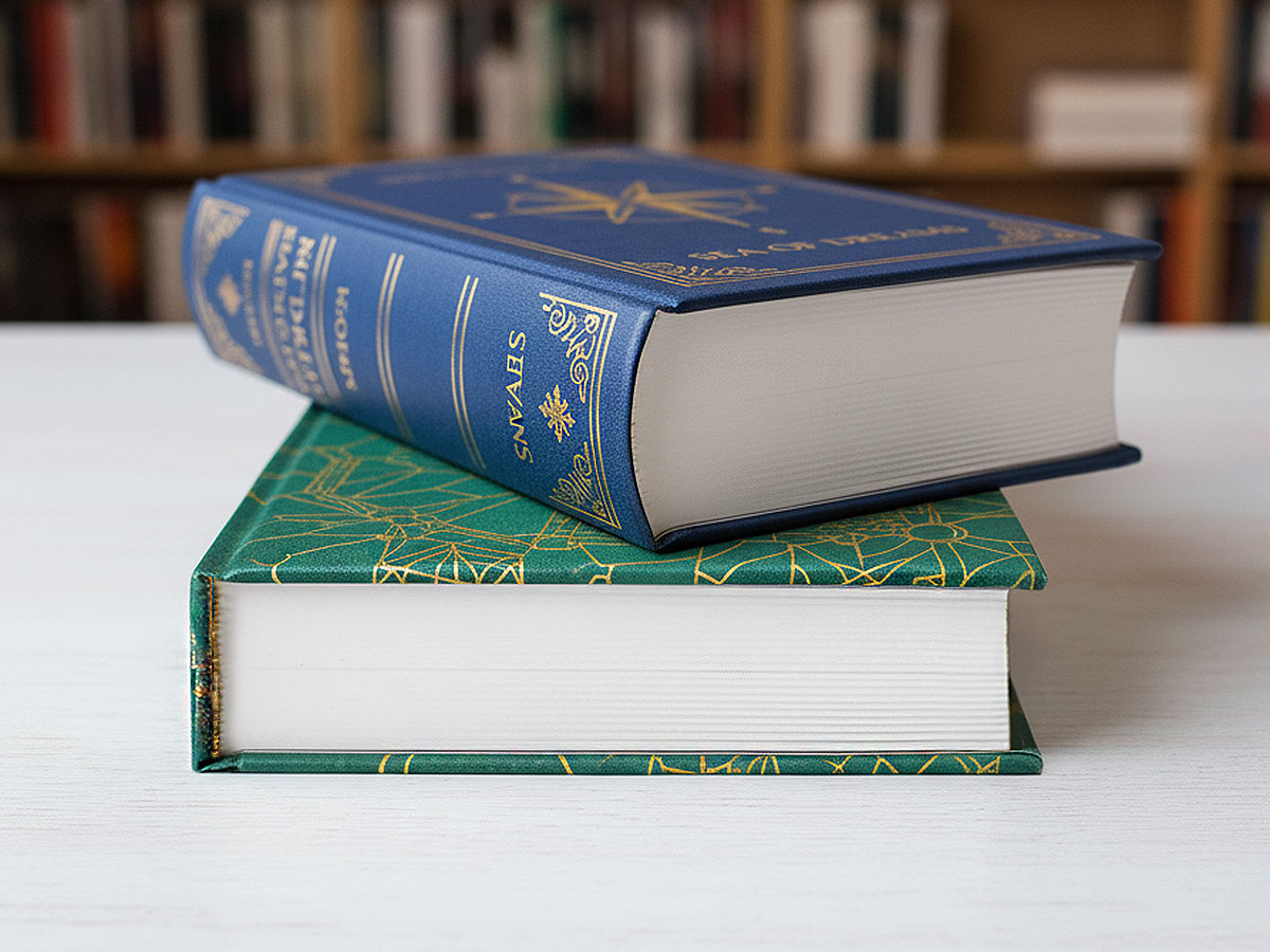 Książki z prostym i zaokrąglony grzbietem.