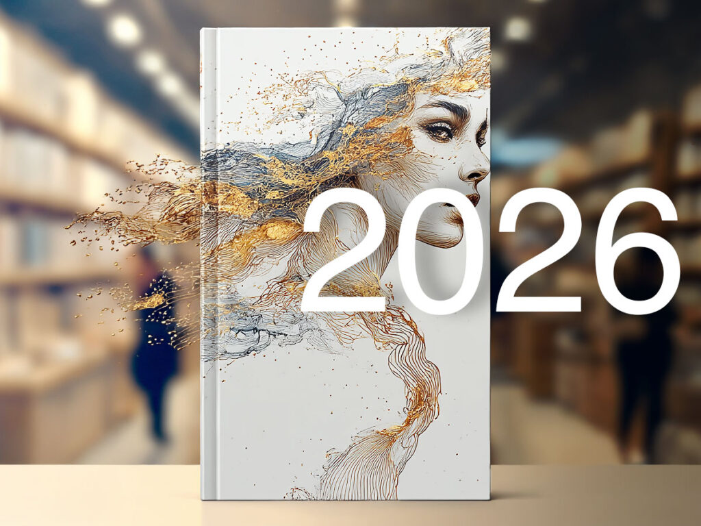 Książka w twardej oprawie ze srebrną i złotą folią.