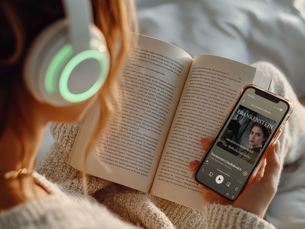 A woman reads a book and listens to an audiobook on Spotify. 