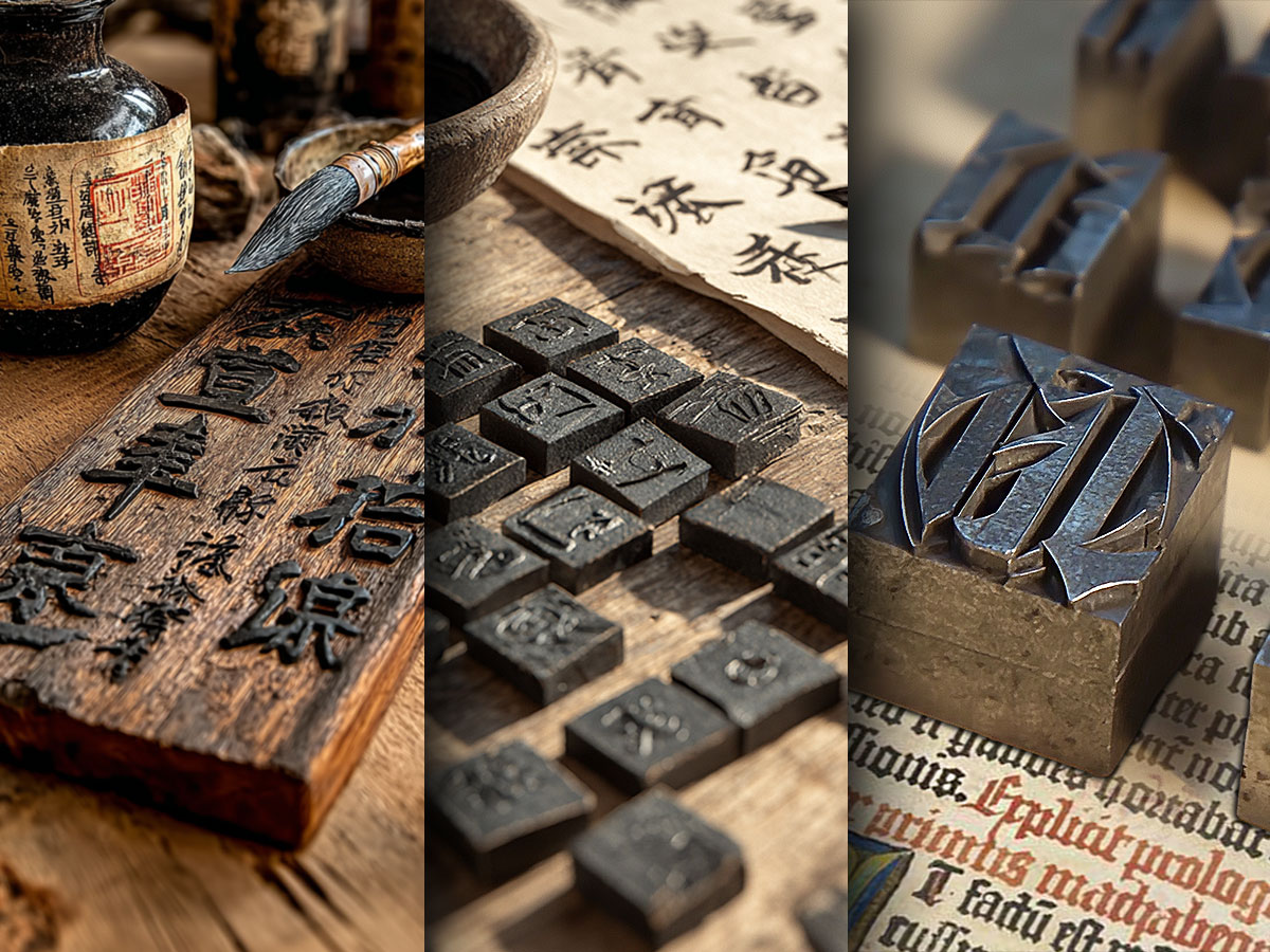 Drei Etappen der Druckgeschichte: chinesischer Holztafeldruck, bewegliche Lettern aus Ostasien und Metalllettern der europäischen Gutenberg-Druckpresse.