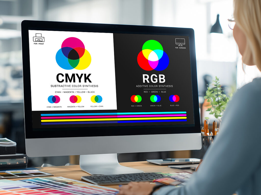 Porównanie przestrzeni kolorów CMYK i RGB na ekranie komputera – schemat używany w druku oraz schemat używany do wyświetlania na ekranach.