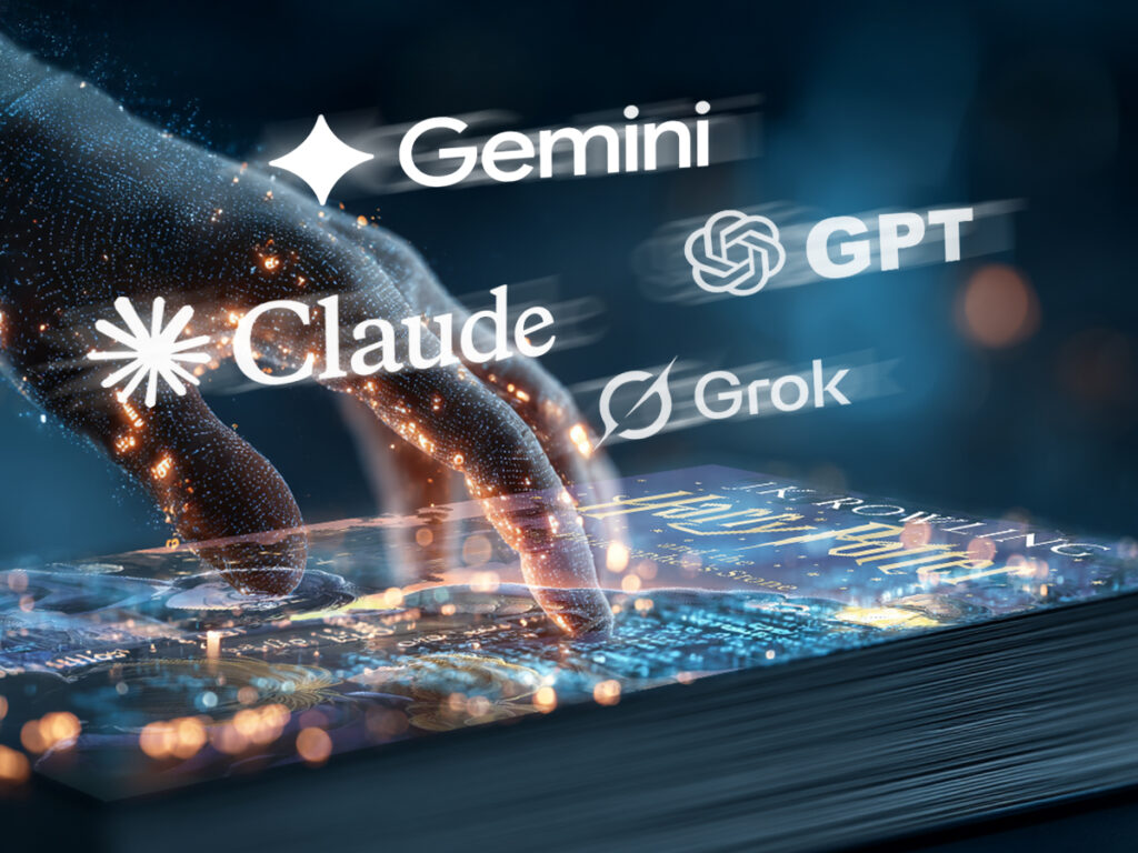 Zbliżenie na dłoń dotykającą cyfrowej książki, wokół logotypy modeli AI: Gemini, GPT, Claude i Grok symbolizujące odtwarzanie treści książkowych przez sztuczną inteligencję.