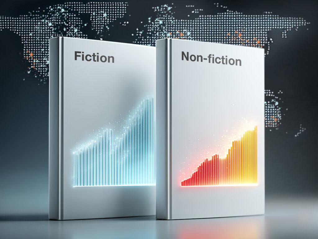 Książki fiction i non-fiction przedstawione jako porównanie trendów rynku książki w 2025 roku.