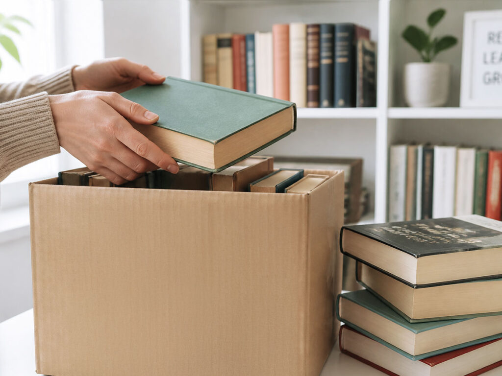 Ein Karton und jemand, der Bücher darin verpackt.