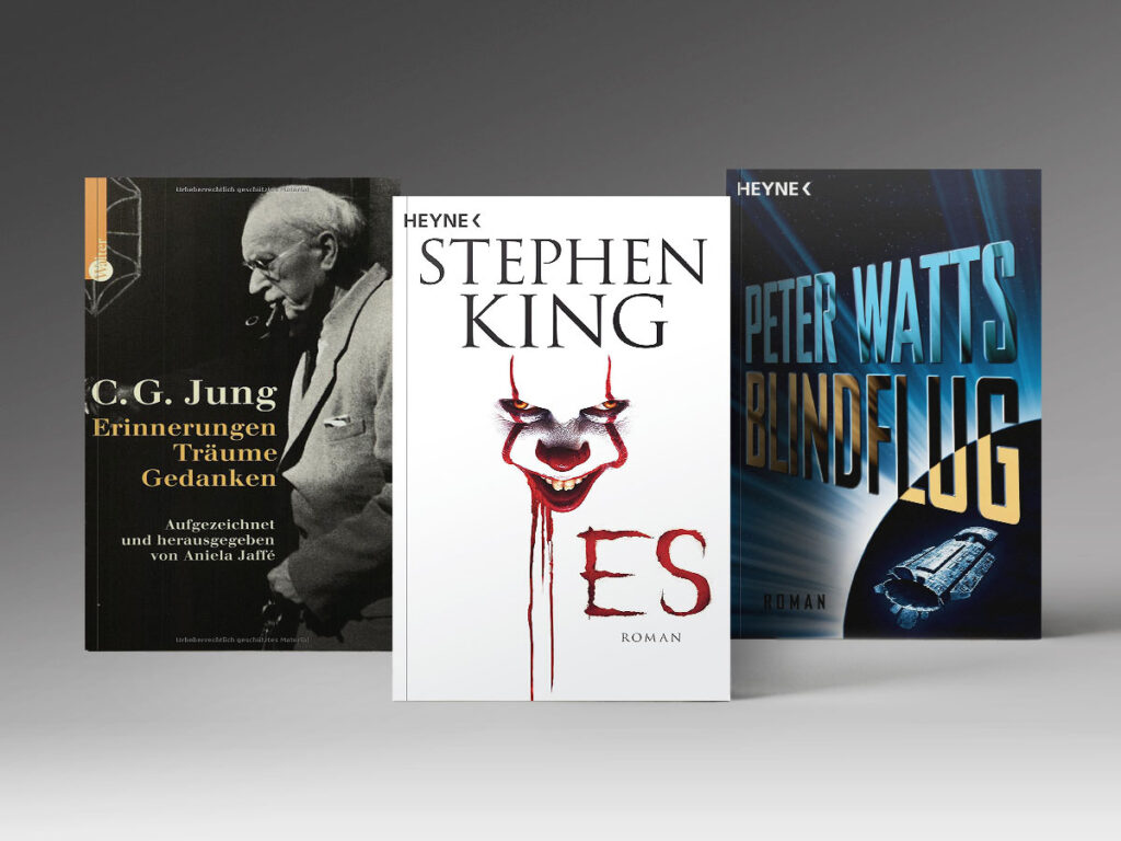 Drei Bücher: Peter Watts, „Blindflug“, Stephen King, „Es“, Carl Gustav Jung, „Erinnerungen, Träume, Gedanken“.