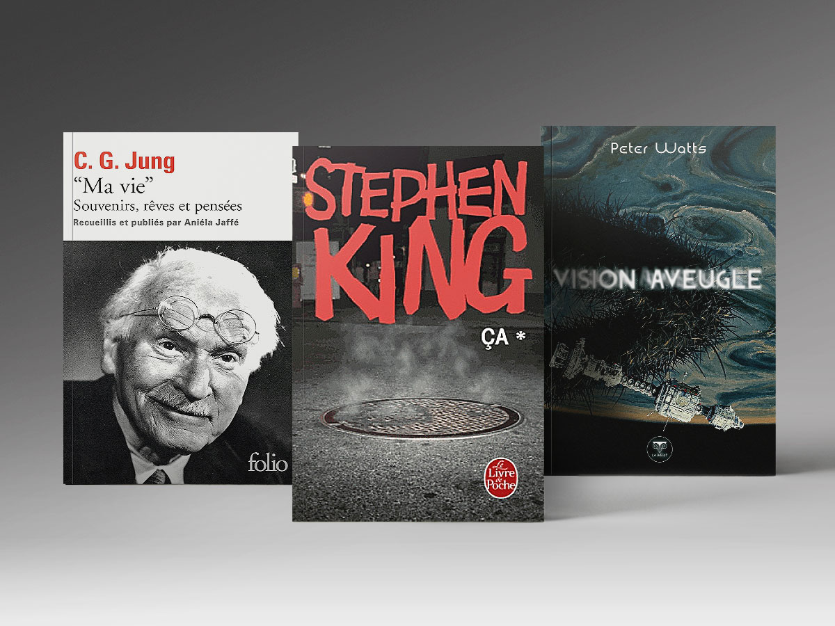 Trois livres : Carl Gustav Jung, « Ma vie : Souvenirs, rêves et pensées », Stephen King, « Ça », Peter Watts, « Vision aveugle »