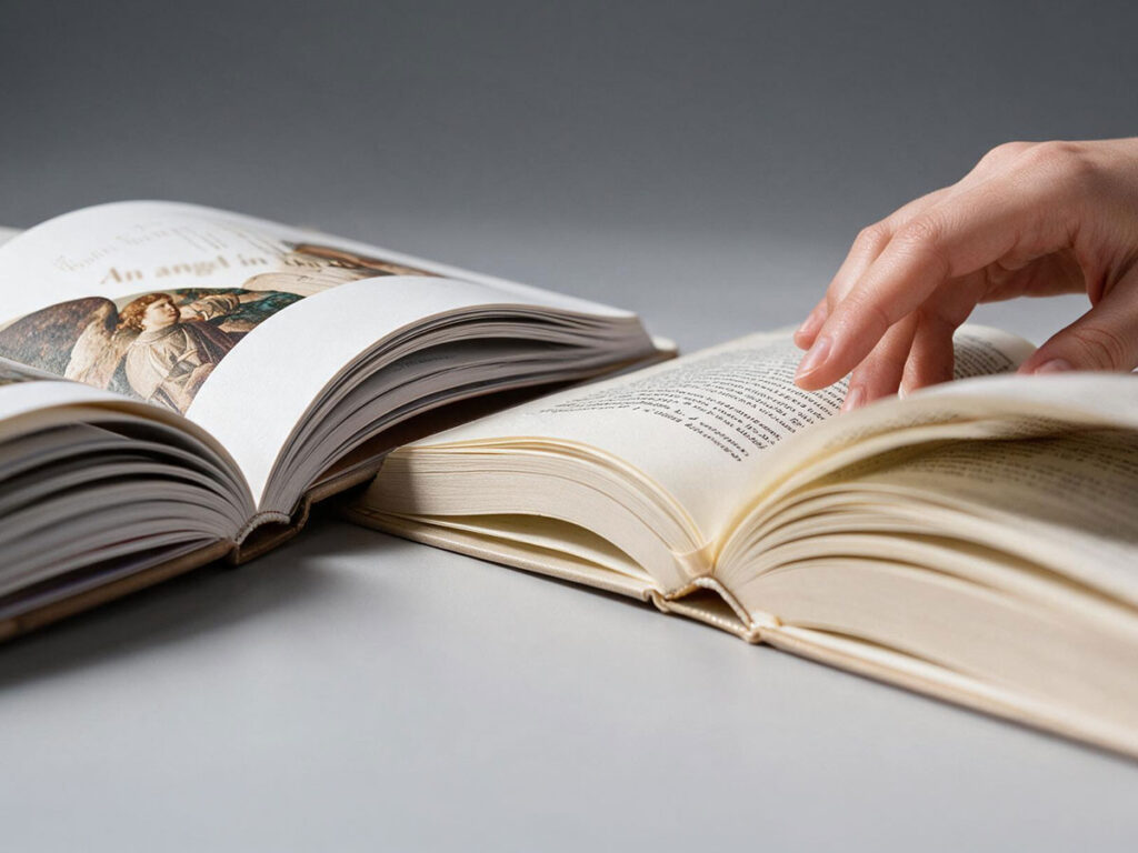 Otwarte książki z różnymi rodzajami papieru – dłoń przewracająca stronę jednej z publikacji.
