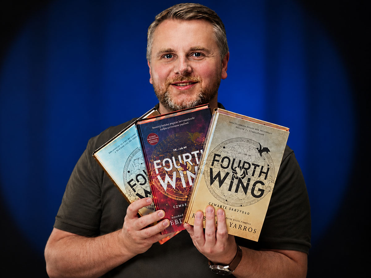 Gabriel Augustyn z Books Factory trzyma trzy wydania Czwartego skrzydła: amerykańskie, pierwsze polskie i edycję specjalną.