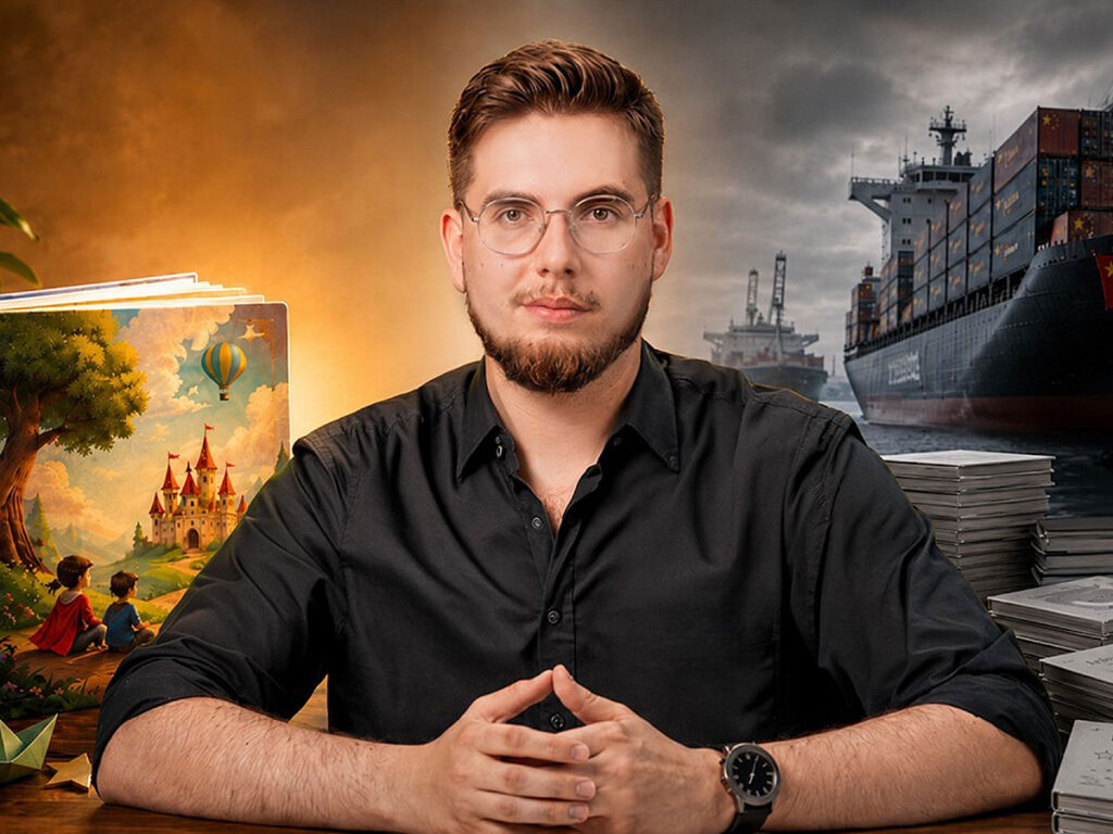Prowadzący vlog Books Factory przy biurku; po lewej ilustrowana książka kartonowa dla dzieci, po prawej kontenerowiec i stosy książek w porcie