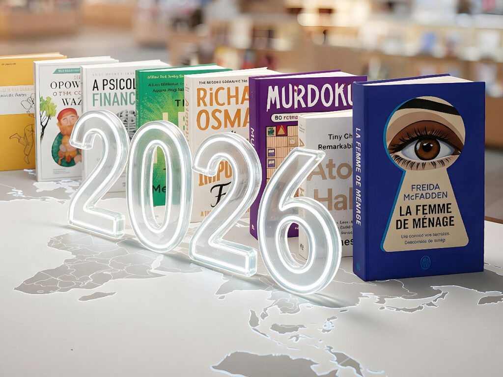 Międzynarodowe bestsellery na mapie Europy za podświetlonym napisem 2026, na pierwszym planie francuskie wydanie „Pomocy domowej” Freidy McFadden