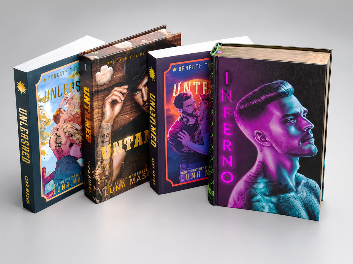 Książki Luny Mason „Unleashed”, „Untamed” i „Inferno” w miękkiej i twardej oprawie, z zadrukiem boków, wydrukowane w Books Factory
