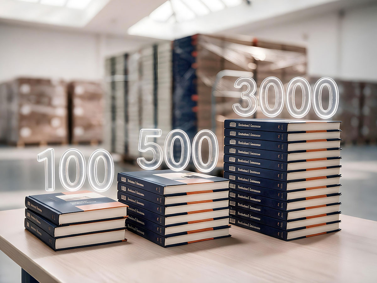 Trzy stosy książek w twardej oprawie z liczbami 100, 500 i 3000 – porównanie nakładów książki na tle magazynu z paletami